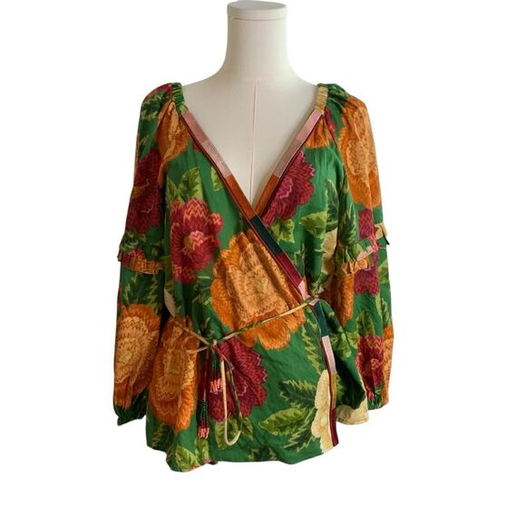 Farm Rio x Anthropologie Wrap Top Puff Sleeve Belted Tropical Colorful Large New - Picture 5 of 16